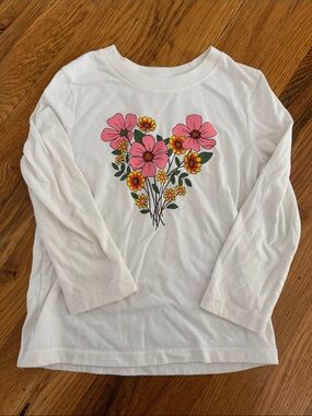 White Long-Sleeve Top with Pink & Yellow Floral Heart 4T